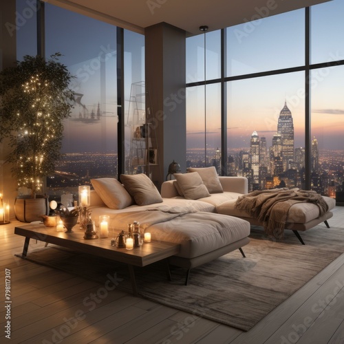 b'Cozy Apartment Living Room with Modern Decor and City View at Night' © duyina1990