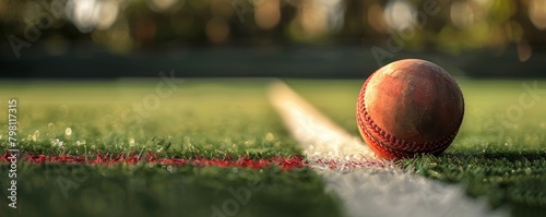 Red cricket ball on the pitch boundary line with evening light and bokeh background.