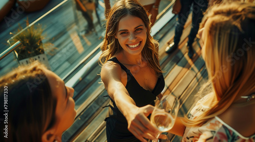 High angle view of businesswoman doing handshake and greeting while partying with coworkers after work on terrace  photo