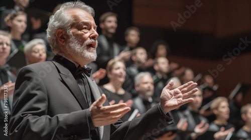 Choir conductor directing with passion, chorus singers in background. Intense expression conveys musical fervor