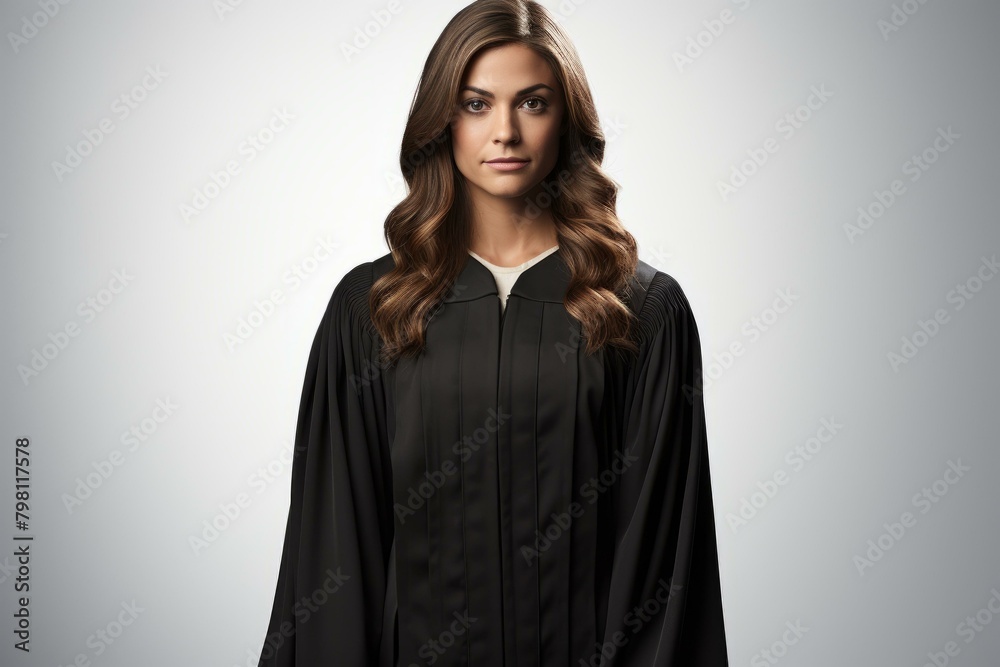 b'Portrait of a young female judge in a black robe'