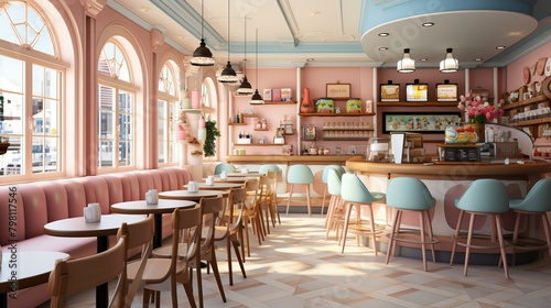 b An illustration of a cafe with pink and blue pastel colors 