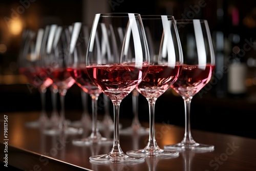 b'Elegant wine glasses filled with delicious rose wine'