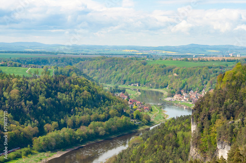 Beautiful summer view of Elbe river from Bastei view pont. Colorful morning scene of Saxon Switzerland national park, Germany, Europe. Splendid landscape of Sandstone Mountains, Saxony. © Solarisys