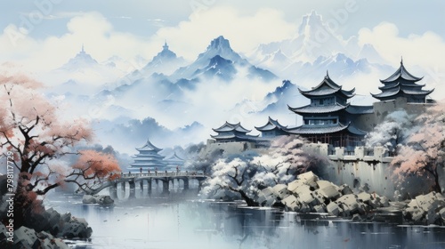 b'ancient chinese architecture landscape painting'