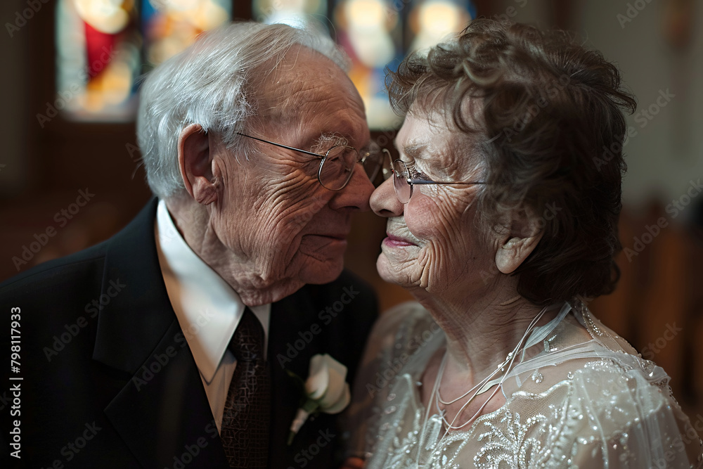 A senior couple getting married, wedding anniversary