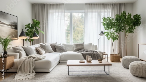 b'A bright and airy living room with a large sectional sofa, coffee table, rug, and plants' photo