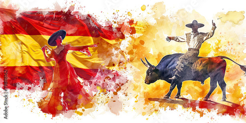 Spanish Flag with a Flamenco Dancer and a Bullfighter - Visualize the Spanish flag with a flamenco dancer representing Spanish dance and culture, and a bullfighter
