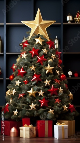 b'A beautiful Christmas tree decorated with red and gold stars and ornaments'