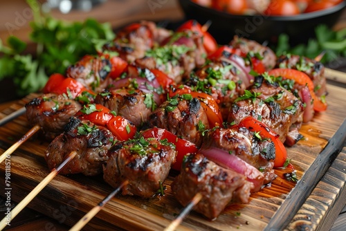 b'Beef shish kebabs with vegetables' photo