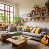 b'A cozy living room with a large window, plants, and a guitar'