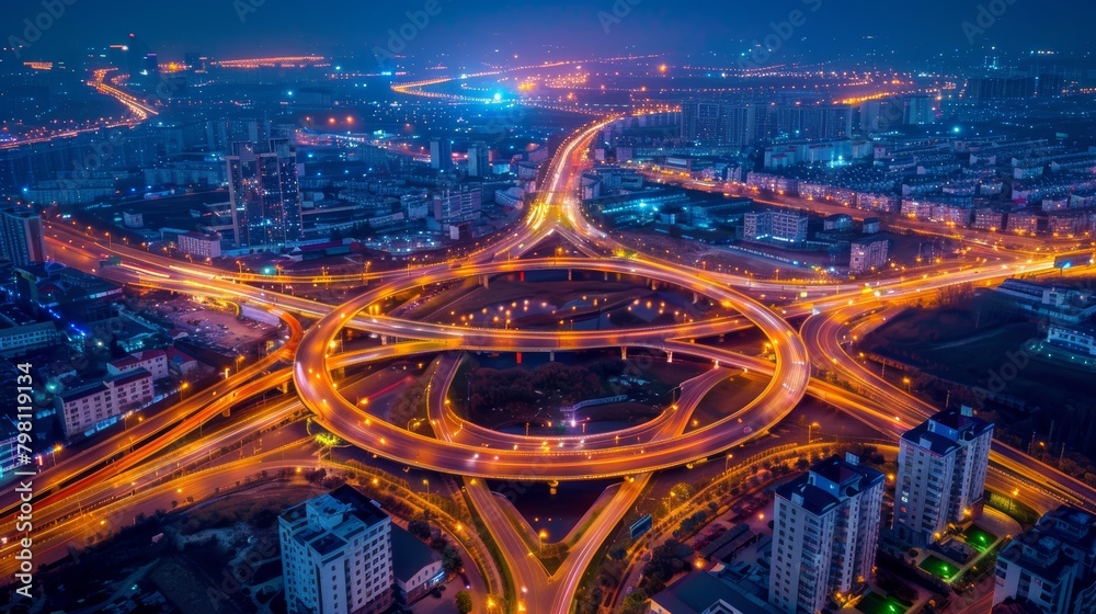 Night cityscape with circular road system and traffic trails. Aerial view of urban transportation and buildings.