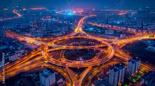 Night cityscape with circular road system and traffic trails. Aerial view of urban transportation and buildings. photo