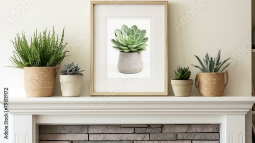 b'A beautiful succulent plant in a pot on a mantel with other plants and a frame' photo