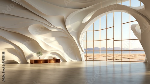 b'Futuristic interior space with large windows and curved walls'