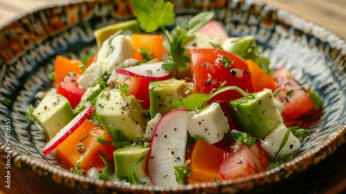 alad with avocado, radish, bell pepper, tomato and Roquefort cheese photo