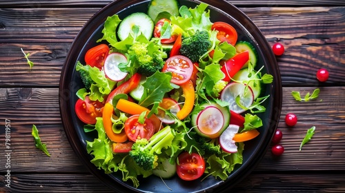 Fresh vegetable salad on plate. Top view