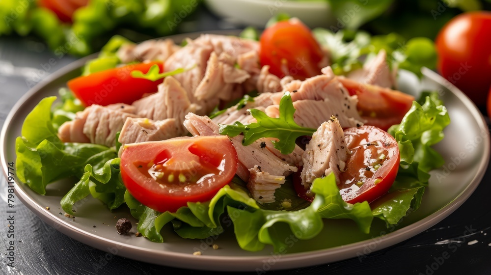 salad with tuna, tomato, green leaf lettuce on a plate on a wooden table