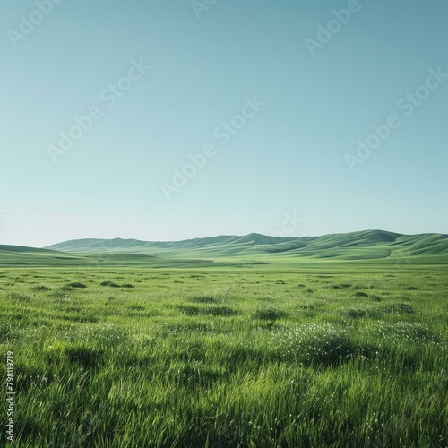 b Vast green grassland landscape under clear blue sky 