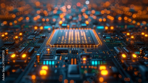 b'A close-up of a computer chip with glowing orange and blue lights' photo