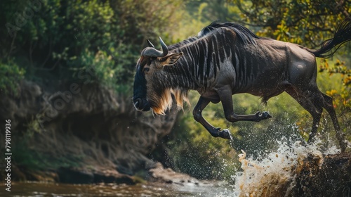 Wildebeest embrace adventure  majestic leap into the mara river s flowing depths