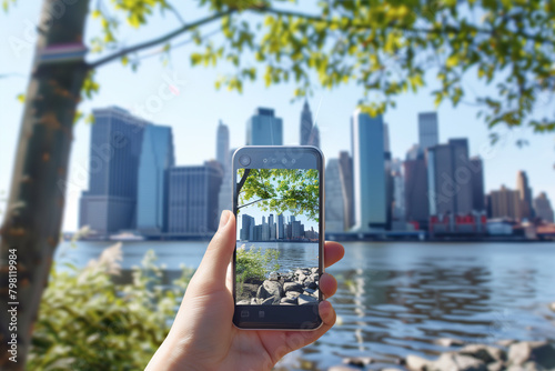 Smartphone capturing a cityscape transformed by augmented reality