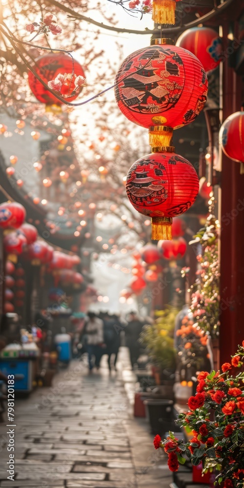 b'Red lanterns hanging in a street with cherry blossoms' b'Red lanterns hanging in a street with cherry blossoms'
