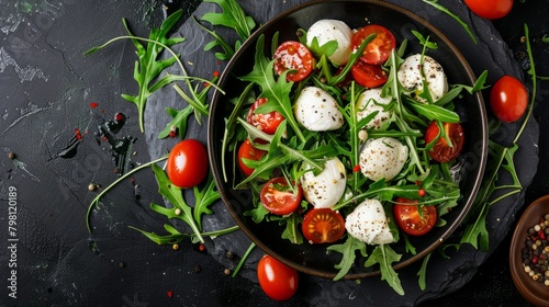 salad with mozzarella cheese, green arugula leaves and cherry tomatoes