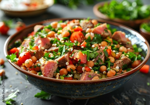 b'Tuna salad with chickpeas, tomatoes, red onion and parsley' photo