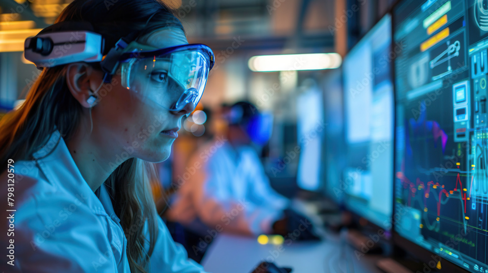 Image of the R&D center with portrait of engineers wearing protective glasses researching a new energy source Image of the R&D center with portrait of engineers wearing protective glasses researching a new energy source