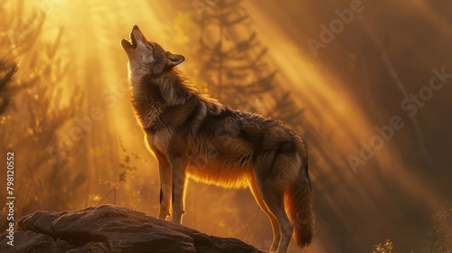 Wolf howling dramatically on rocky outcrop bathed in sunrise glow - captivating wildlife scene