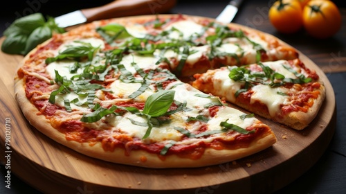 b'A delicious pizza with basil leaves on top'