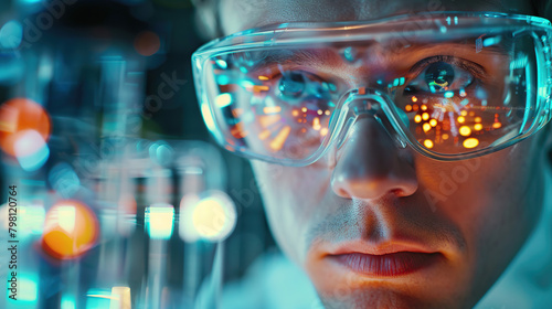 Image of the R&D center with portrait of engineers wearing protective glasses researching a new energy source photo