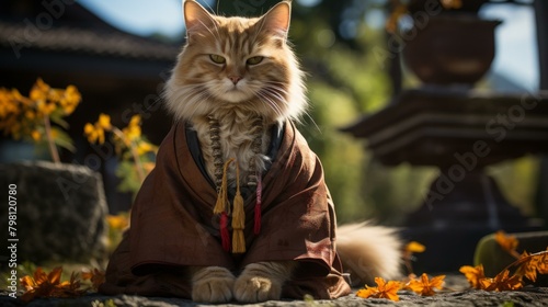 b'A ginger cat wearing a kimono is sitting on a rock in a garden'