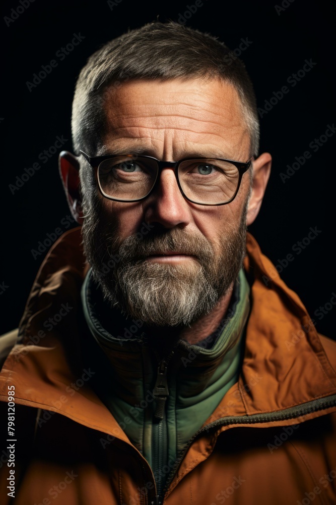 b'Portrait of a man with glasses and a beard wearing an orange jacket'