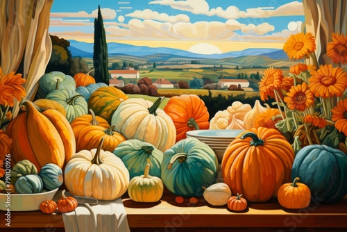 b A colorful still life painting of pumpkins and gourds on a table with a rural landscape in the background 