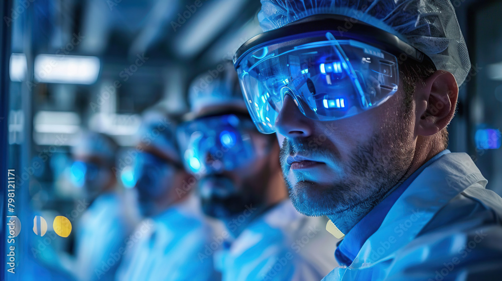 Image of the R&D center with portrait of engineers wearing protective glasses researching a new energy source Image of the R&D center with portrait of engineers wearing protective glasses researching a new energy source