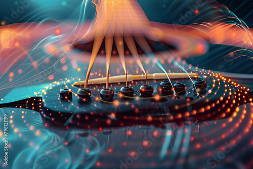 Focus on vibrating guitar strings, illustrating harmonic frequencies.