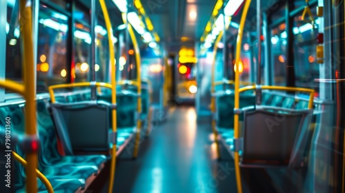 Interior of an empty bus with blue seats and yellow handrails, blurry urban night lights