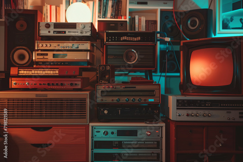 Display vintage audio equipment emitting waves in a minimalist setting.