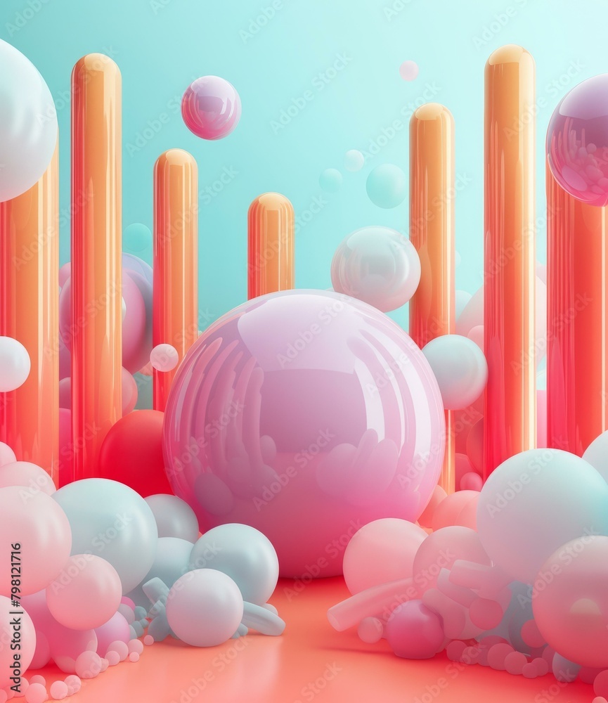 b'Pink and orange glossy 3D spheres and cylinders' b'Pink and orange glossy 3D spheres and cylinders'