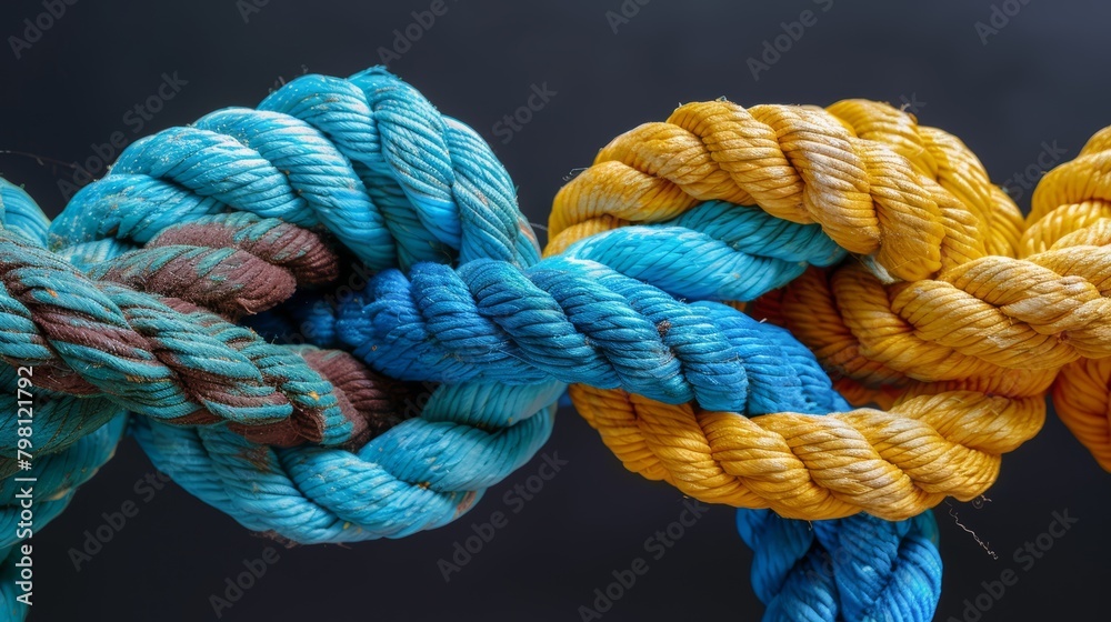 Vibrantly colored ropes knotted together. Macro photography with a focus on texture.