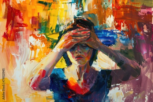 A realistic painting of a woman covering her eyes. Suitable for various design projects