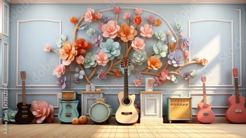 b'A variety of musical instruments in a room with a floral wall' photo