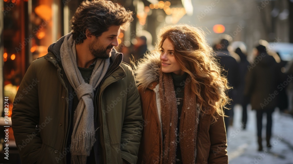 b'A man and a woman are walking down a snowy street'