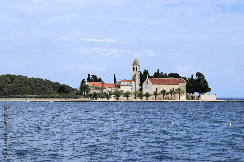 view on the peninsula with the Church of St. Jerome, island Vis, Croatia