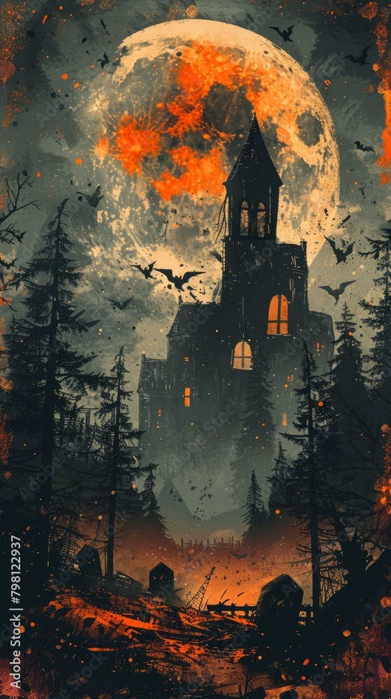 Fototapeta premium b'Haunted house with bats flying around under a blood moon'