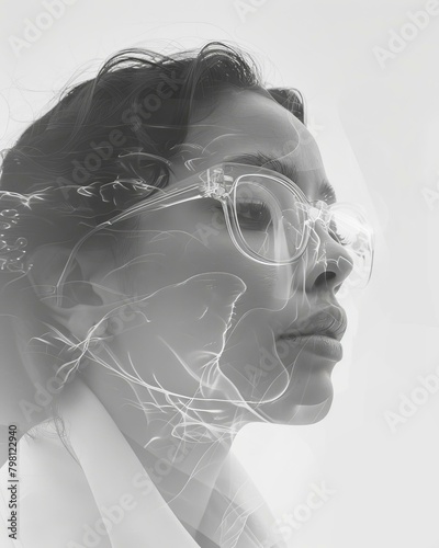 b'Portrait of a young woman wearing glasses with smoke' photo