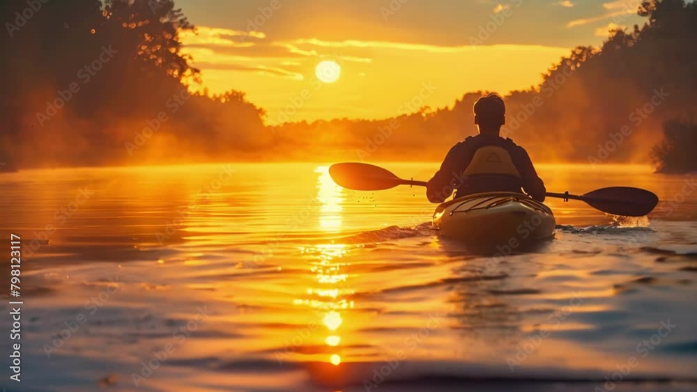 Digital image of a person paddling a kayak on a river at dusk. Concept Outdoor Photoshoot, Nature, Kayaking, Sunset, Adventure