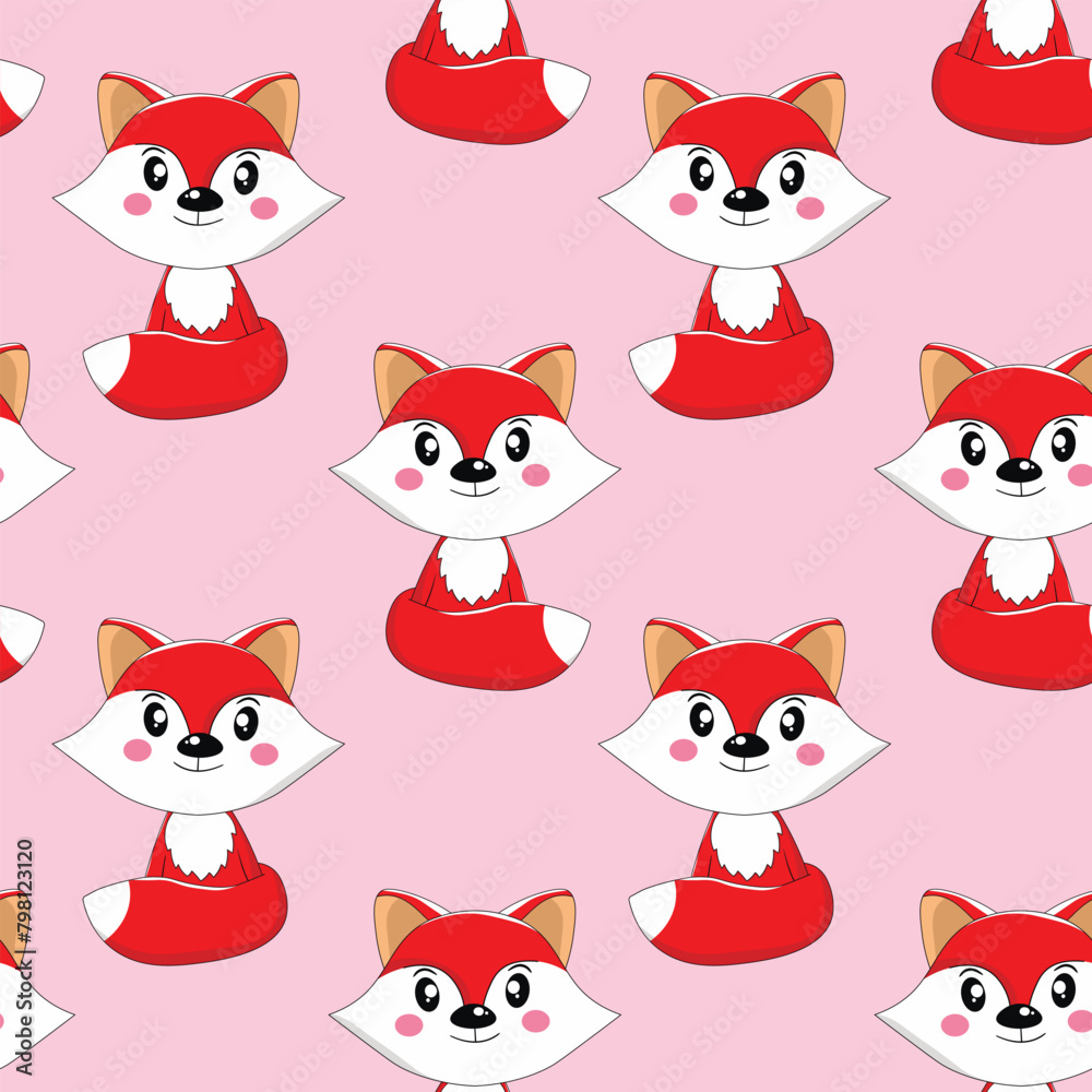 Seamless pattern with cute fox baby on color background. Funny forest animals. Card, postcards for kids. Flat vector illustration for fabric, textile, wallpaper, poster, paper Seamless pattern with cute fox baby on color background. Funny forest animals. Card, postcards for kids. Flat vector illustration for fabric, textile, wallpaper, poster, paper